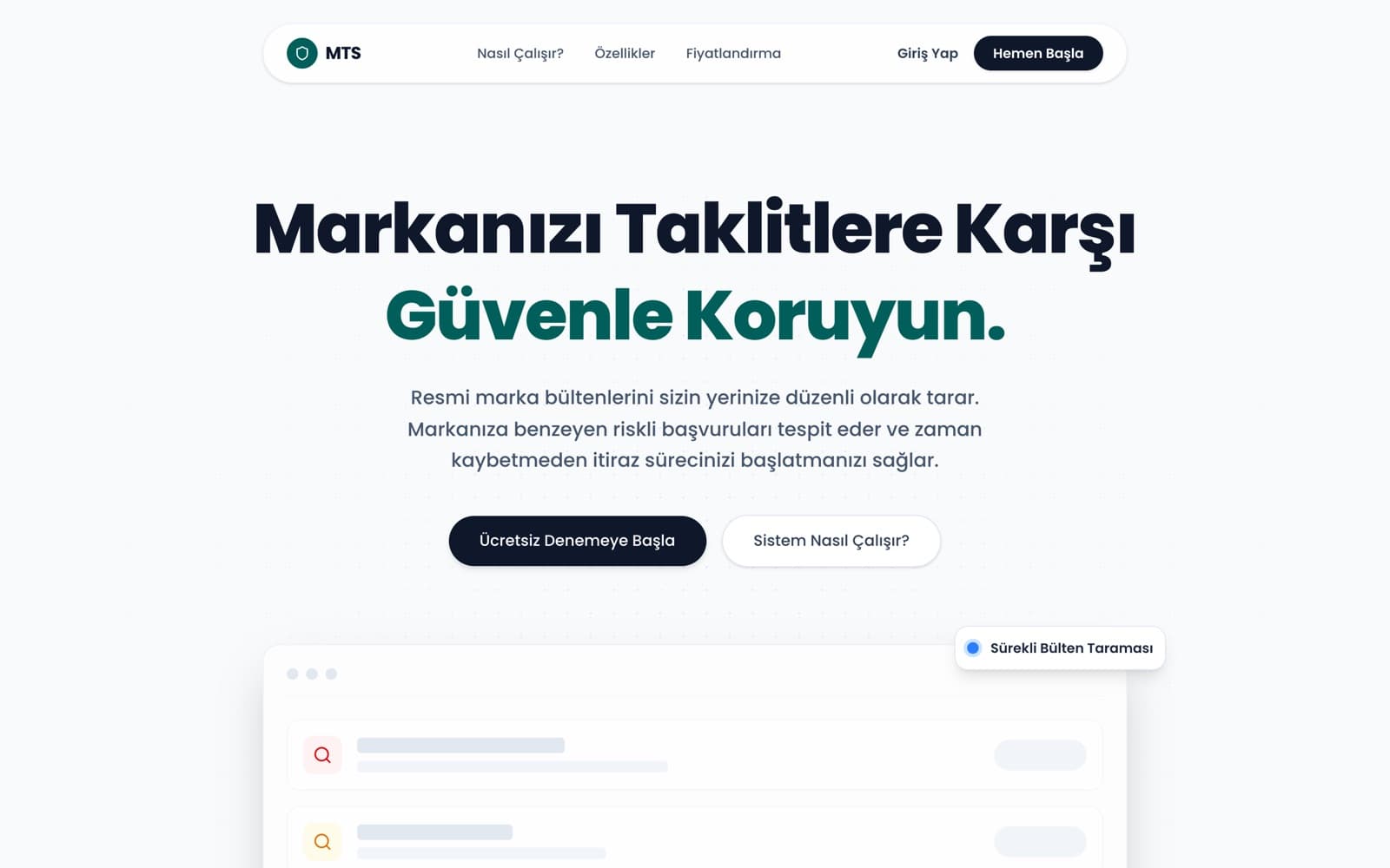 Screenshot of the Marka Takip Sistemi home page: a headline about protecting your brand from copycats, a free-trial button and a dashboard preview