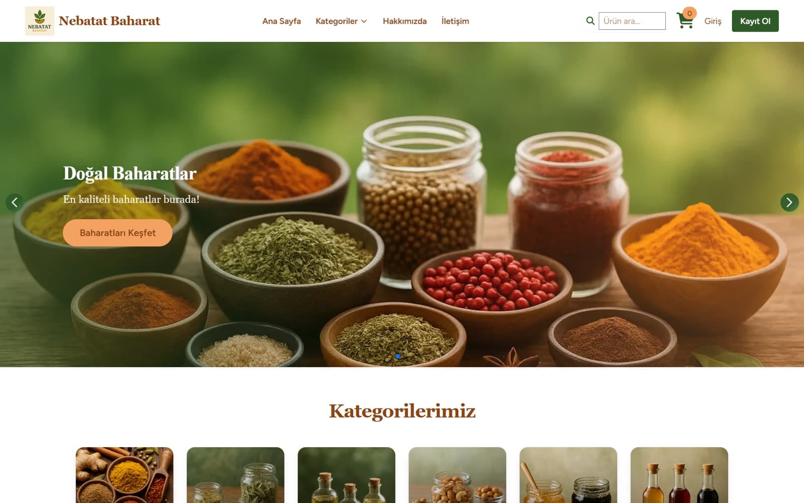 Screenshot of the Nebatat Baharat home page: a hero slide of spices in bowls and jars, with the product categories below